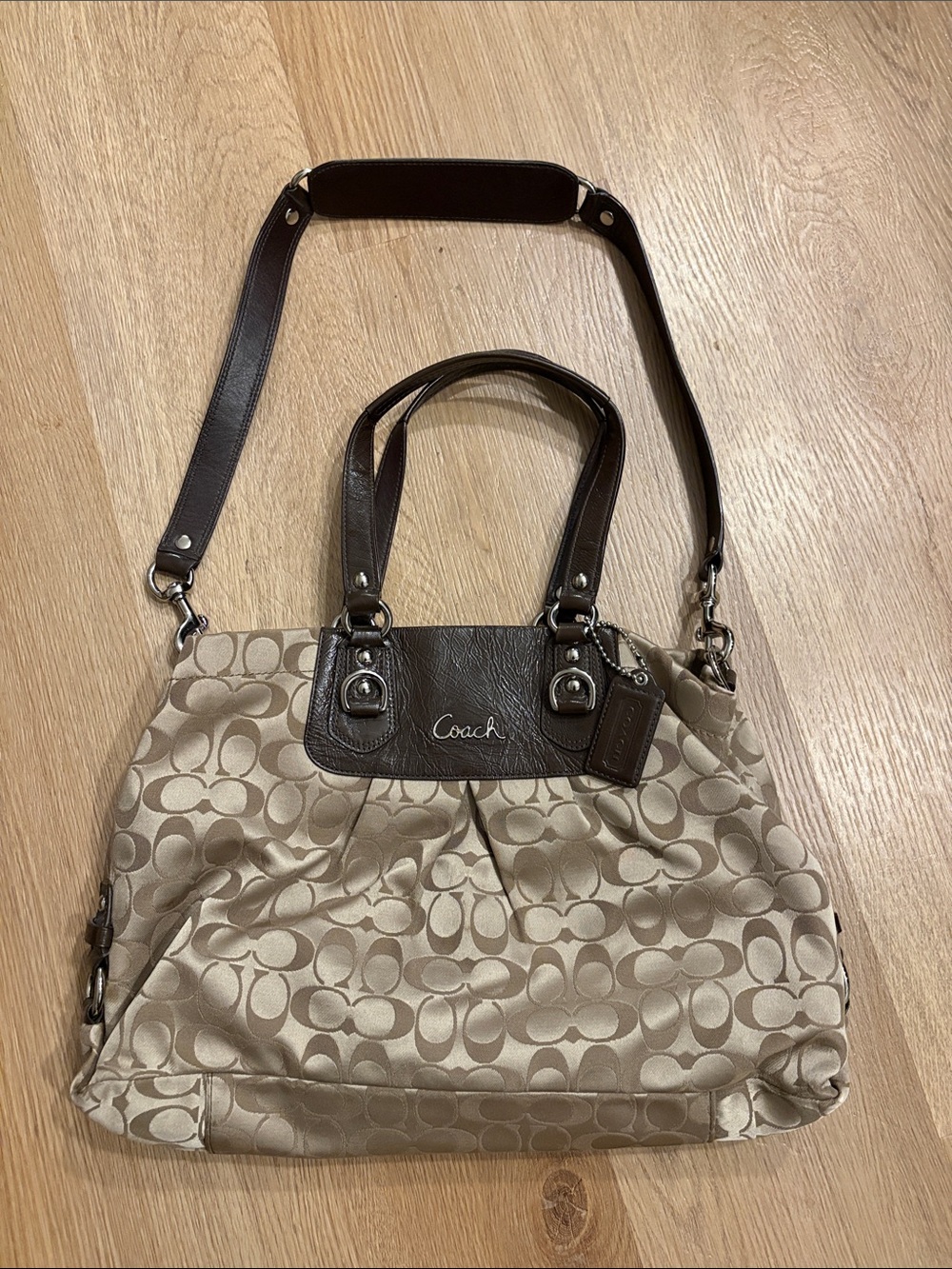Coach Beige Signature Canvas Tote with Brown Leather Trim